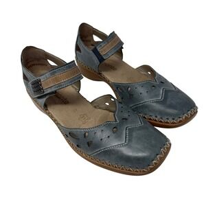 Remonte Blue Leather Cutout Mary Jane Flats with Tan Strap